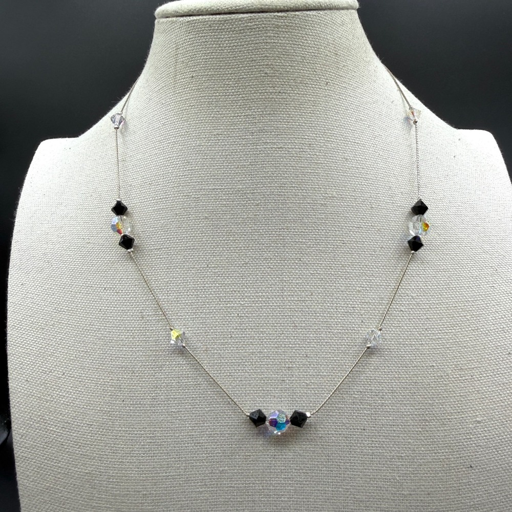 Black Clear AB Crystal Beaded Silver Tone Necklace Minimalist Y2K Sparkle Gift